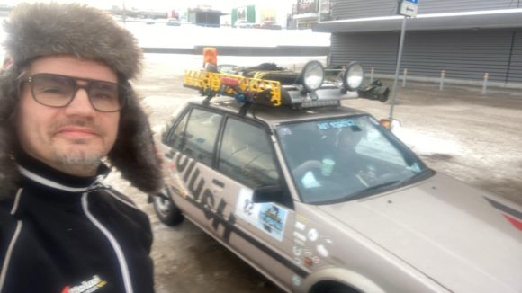 Jonas Paterson’s Toyota Corolla AE82 on the snowy roads of Finland during the Carbage Run Highway to Helsinki rally.