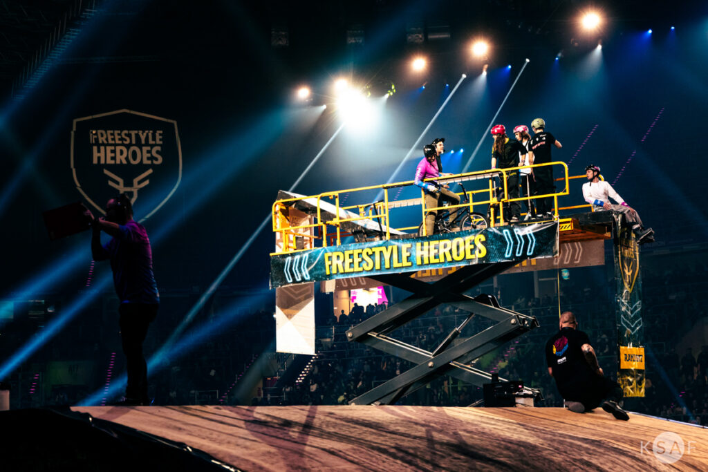 Haulotte electric scissor lift deployed by Ramirent for lighting and rigging at the Freestyle Heroes motocross event.