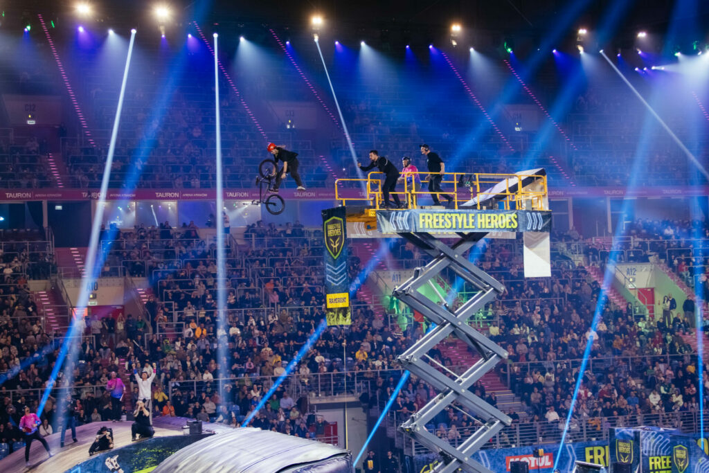 Haulotte electric scissor lift deployed by Ramirent for lighting and rigging at the Freestyle Heroes motocross event
