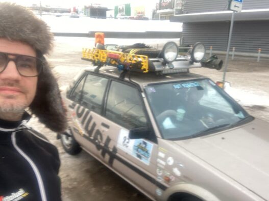 Jonas Paterson’s Toyota Corolla AE82 on the snowy roads of Finland during the Carbage Run Highway to Helsinki rally.