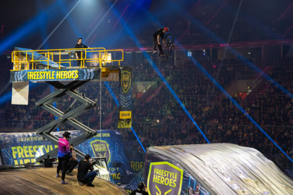 Haulotte electric scissor lift deployed by Ramirent Poland at Freestyle Heroes motocross event.